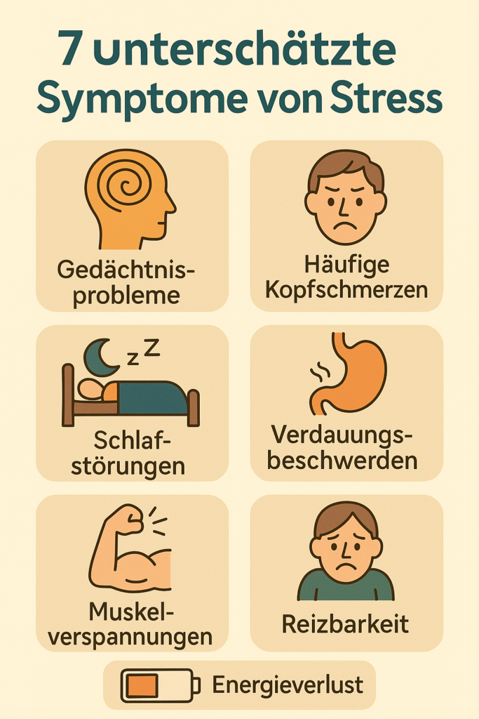 Infografik Stress Symptome – sieben unterschätzte Anzeichen von Stress in Übersicht, körperlich, psychisch und Verhalten
