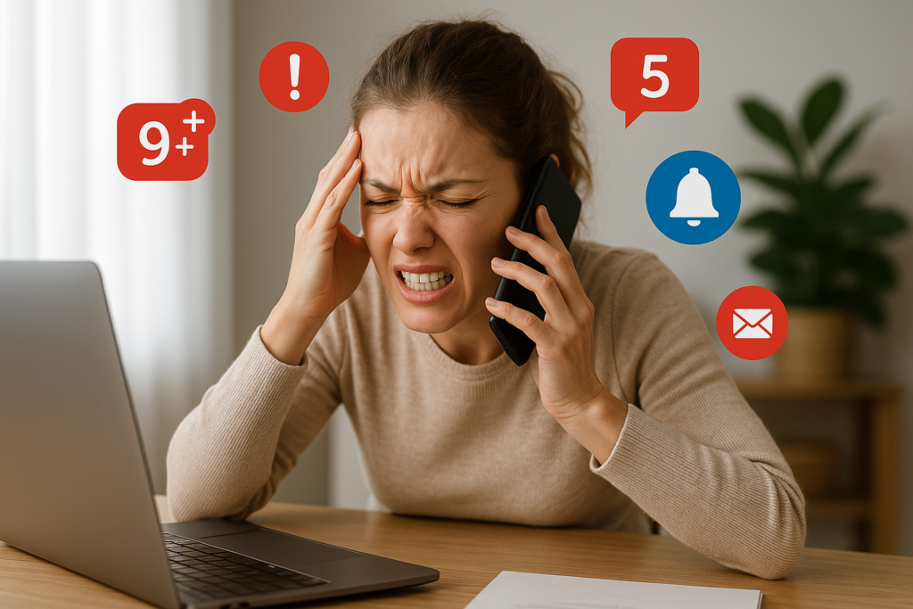 Người bị quá tải với laptop, điện thoại và nhiều thông báo – biểu tượng cho stress hiện đại