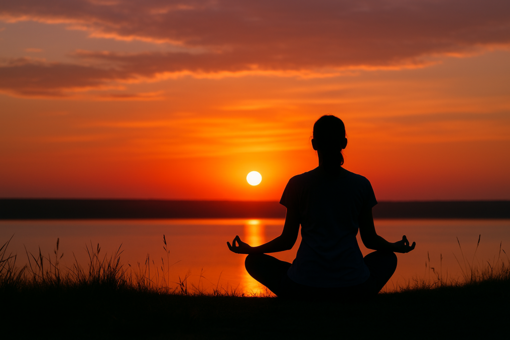 Người thư giãn trong thiên nhiên lúc hoàng hôn – gợi cảm giác hy vọng và phục hồi