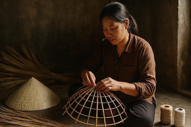 Vietnamese Handwerkerin flechtet in einer Werkstatt in Huế einen Nón Lá aus Bambusrippen und Palmblättern.