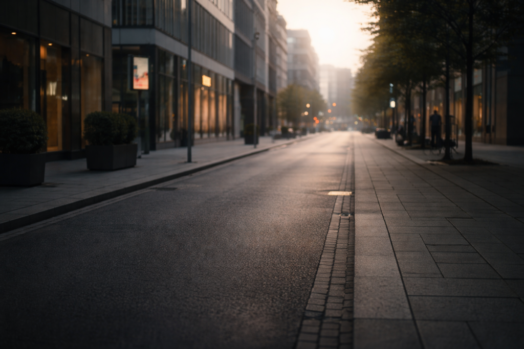 Leere Stadtstraße am frühen Morgen, ruhiger Alltag, unterschwellige innere Anspannung ohne äußeren Stress