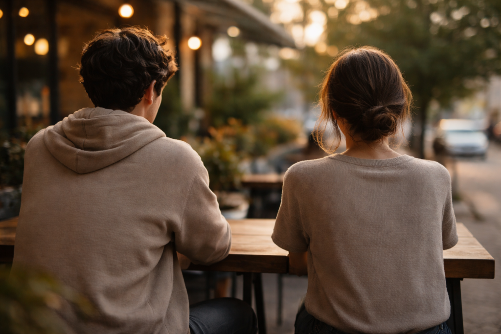 Zwei Menschen sitzen nebeneinander in einem ruhigen Straßencafé, von hinten fotografiert; sie teilen einen stillen Moment gemeinsamer Präsenz ohne sichtbare Interaktion.