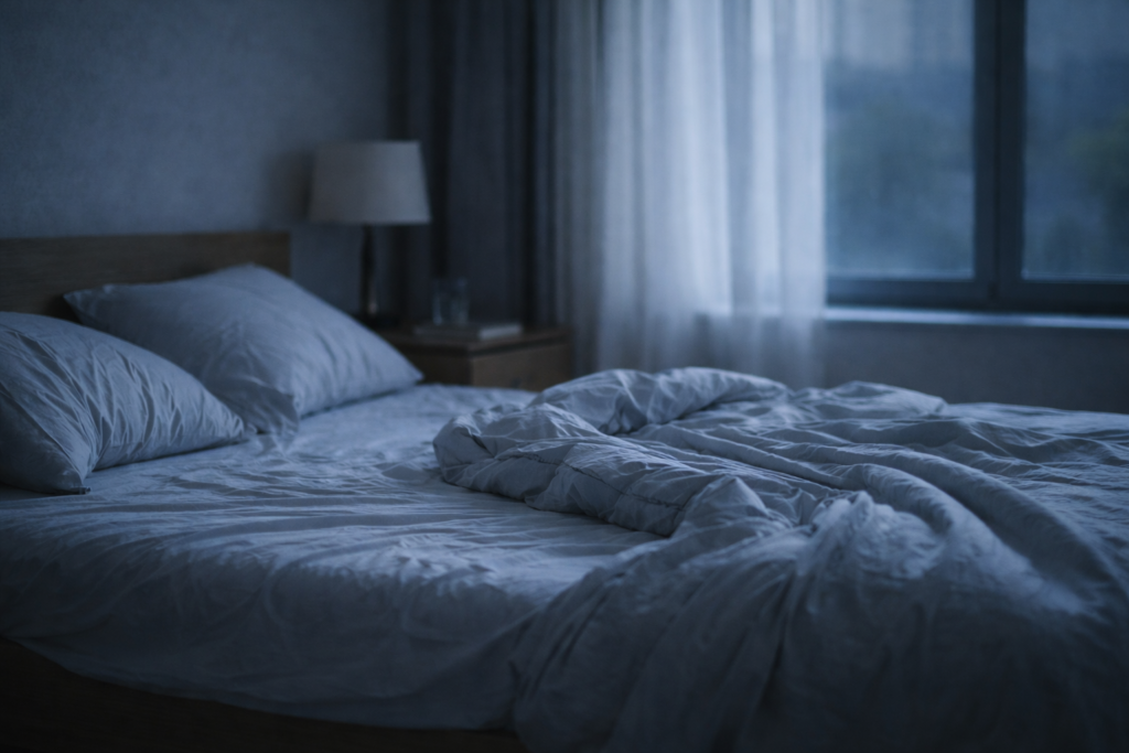 Giường ngủ trong phòng tối vào ban đêm, biểu tượng cho giấc ngủ không mang lại sự phục hồi