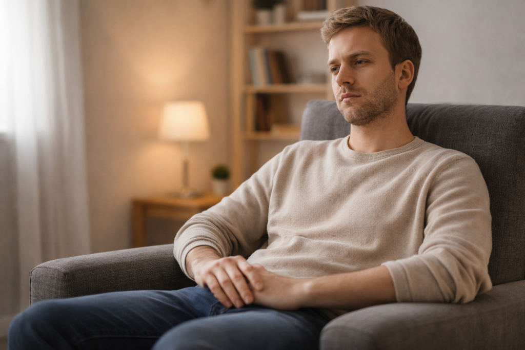 Người đàn ông trẻ ngồi yên trên ghế trong phòng khách ánh sáng ấm, tư thế thoải mái, biểu cảm trung tính, không có hoạt động rõ ràng.