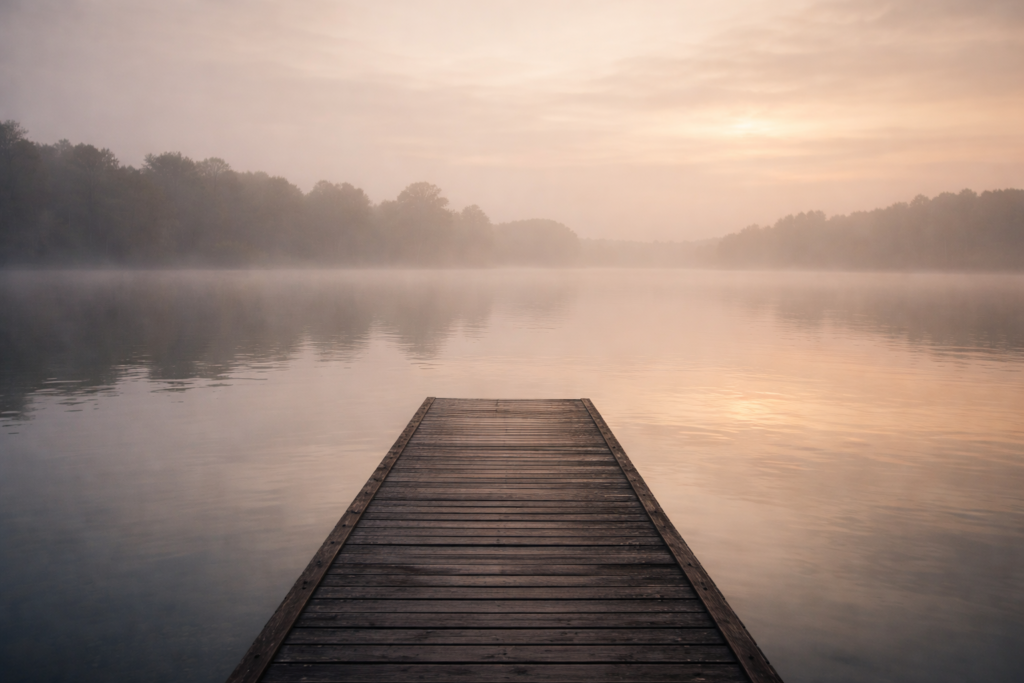 Steg am stillen See im Morgennebel, äußere Ruhe und innere Unruhe in stillen Momenten