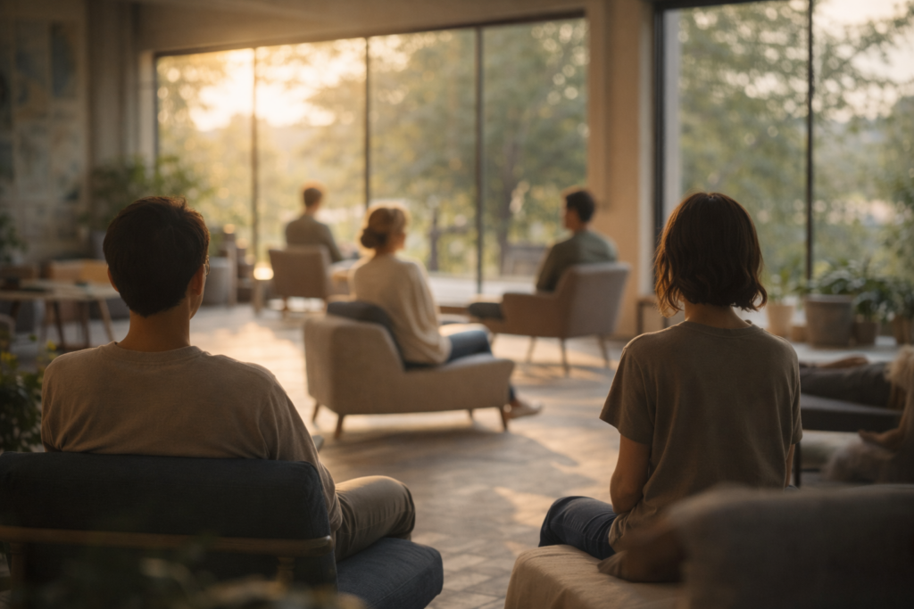 Mehrere Menschen halten sich in einem offenen Raum auf, ohne miteinander zu interagieren; ruhige Atmosphäre von freiwilliger Nähe und persönlicher Freiheit.