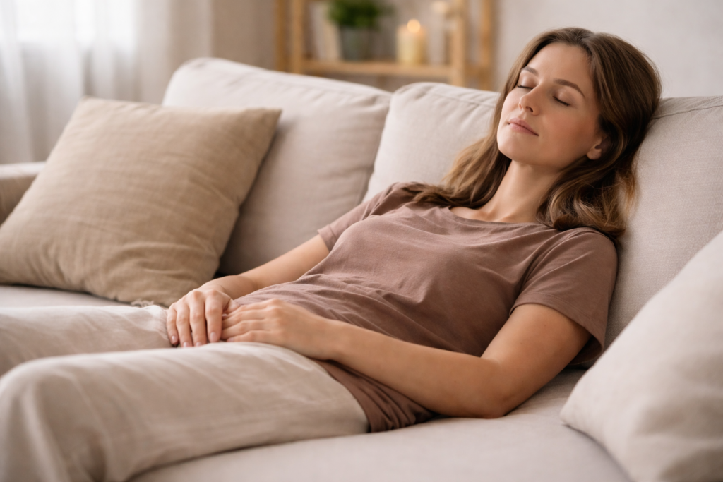 Người phụ nữ trẻ nằm thư giãn trên ghế sofa sáng màu, mắt nhắm, hai tay đặt nhẹ trên bụng, không gian sống yên tĩnh, không có hoạt động cụ thể.