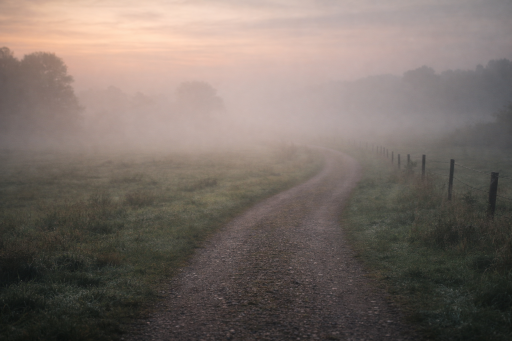 Nebliger Weg am Morgen, Symbol für innere Übergänge und Orientierungslosigkeit ohne äußeren Anlass