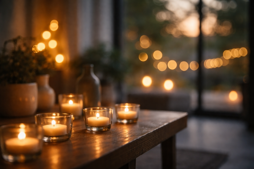 Warme, sanfte Lichtquellen in ruhiger Abendstimmung bilden ein wiederkehrendes Muster und vermitteln Struktur und emotionale Ruhe.