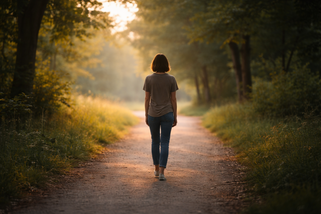 Eine einzelne Person entfernt sich ruhig in gedämpftem Licht; das Bild steht für Nachdenklichkeit und die Grenze zwischen hilfreichen und belastenden Ritualen.