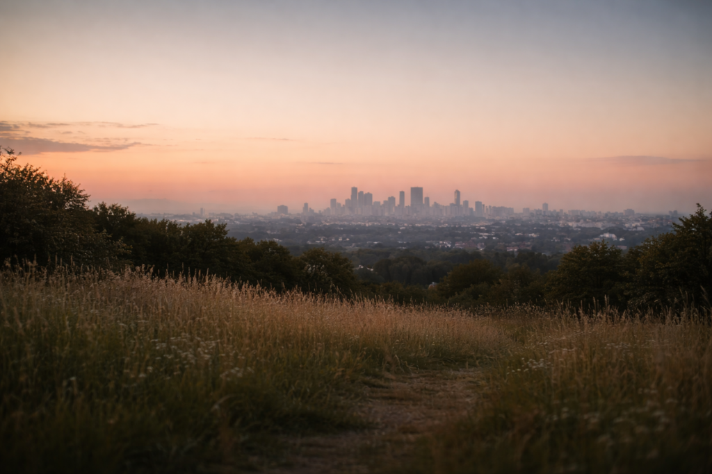 Weite, ruhige Landschaft im sanften Abendlicht; das Bild vermittelt Offenheit, Akzeptanz und einen stillen Abschluss.
