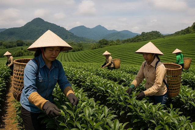 Teepflücker in Nordvietnam Teepflückerinnen mit Nón Lá ernten Teeblätter in einer grünen Plantage in Nordvietnam, im Hintergrund sanfte Hügel und blaue Berge.