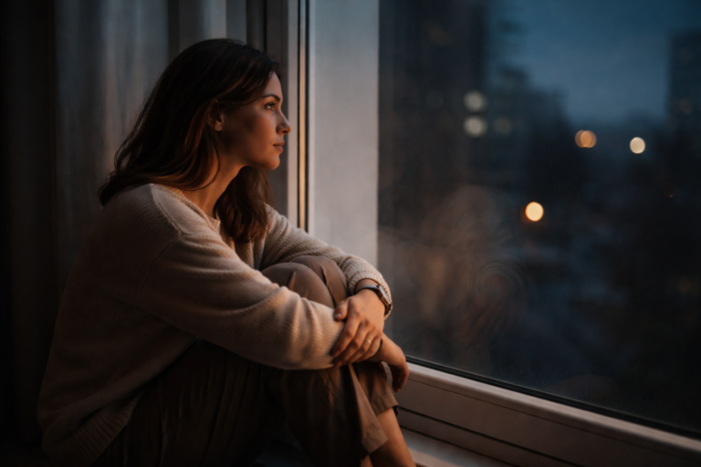 Nachdenkliche Person sitzt am Fenster bei Nacht, ruhige Stimmung, innere Unruhe trotz stabiler Lebensumstände
