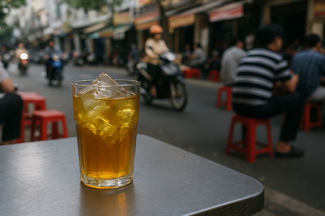 Glas vietnamesischer trà đá mit Eiswürfeln auf Tisch in Straßencafé in Saigon, im Hintergrund Mopeds und Gäste auf roten Plastikhockern.