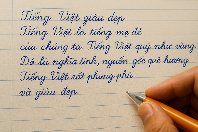 Handgeschriebener vietnamesischer Text in blauer Tinte auf linierten Papierseiten, daneben eine Hand mit Kugelschreiber – Symbol für Sprache und Kultur.