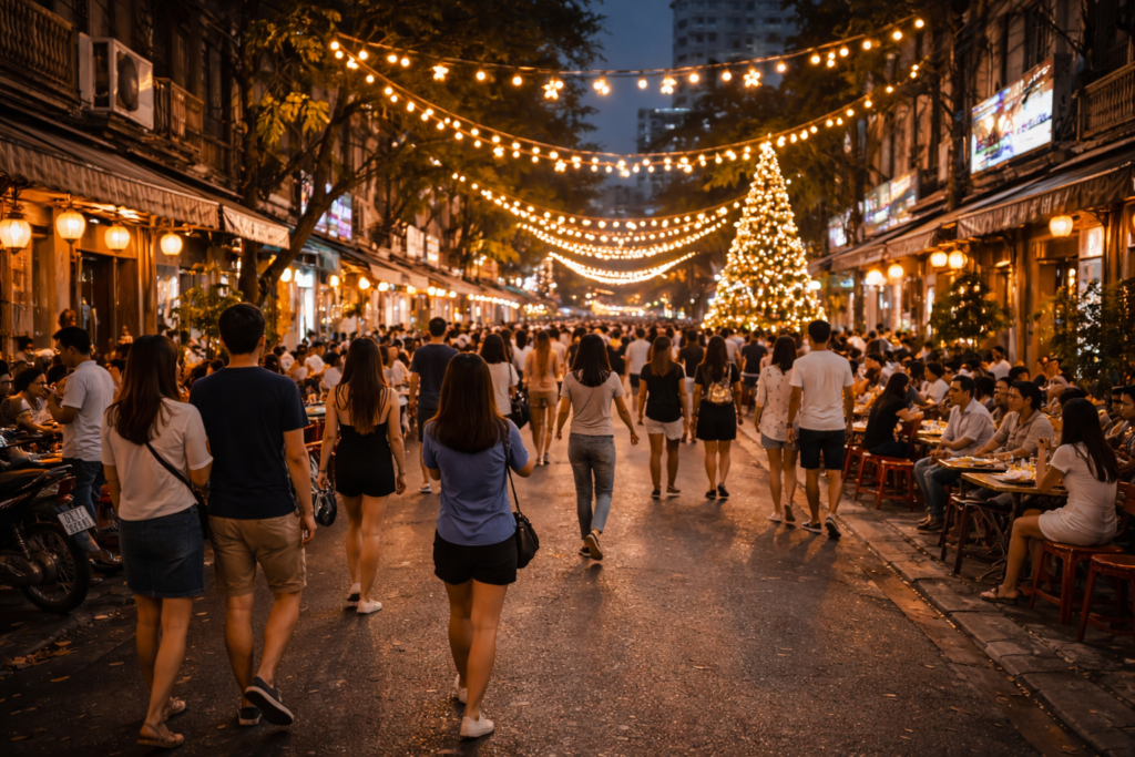 Öffentliches Straßenleben in einer vietnamesischen Großstadt am Weihnachtsabend mit Lichtern, Cafés und vielen Menschen; Weihnachten als urbanes Ereignis.