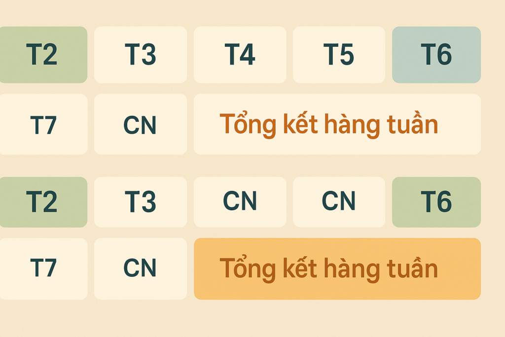 Infographic theo định dạng ngang: 14 ô được đánh số từ “Ngày 1” đến “Ngày 14”) trong hai hàng, mỗi ô có các biểu tượng tối giản cho các bài tập hàng ngày (bút, bong bóng thoại, hình người, sách, trái tim, dấu tích, mũi tên, bàn tay, điện thoại thông minh có biểu tượng tạm dừng, loa phóng thanh, ngôi sao, v.v.).