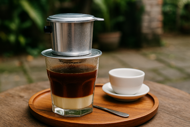 Phin-Filter auf einem Glas vietnamesischen Kaffees: unten helle Kondensmilch, darüber dunkler Kaffee, daneben kleiner Löffel auf Holztablett, im Hintergrund unscharfes Café-Ambiente.
