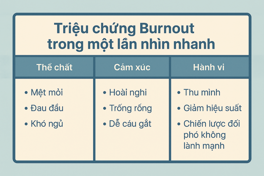các triệu chứng burnout: thể chất, cảm xúc và hành vi