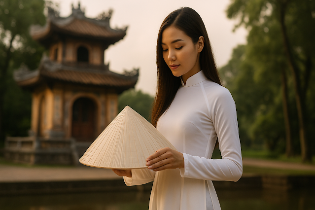 Junge Vietnamesin im weißen Áo dài hält einen Nón Lá vor einer Pagode im Morgenlicht.