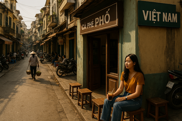 Eine junge Frau mit Kaffee vor einem Straßencafé in Vietnam
