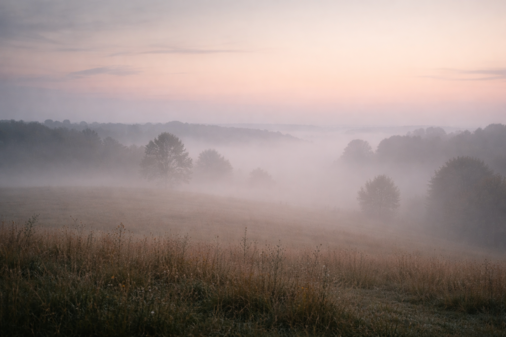 Weite Landschaft mit sanftem Licht und Nebel, ruhige und offene Stimmung.

