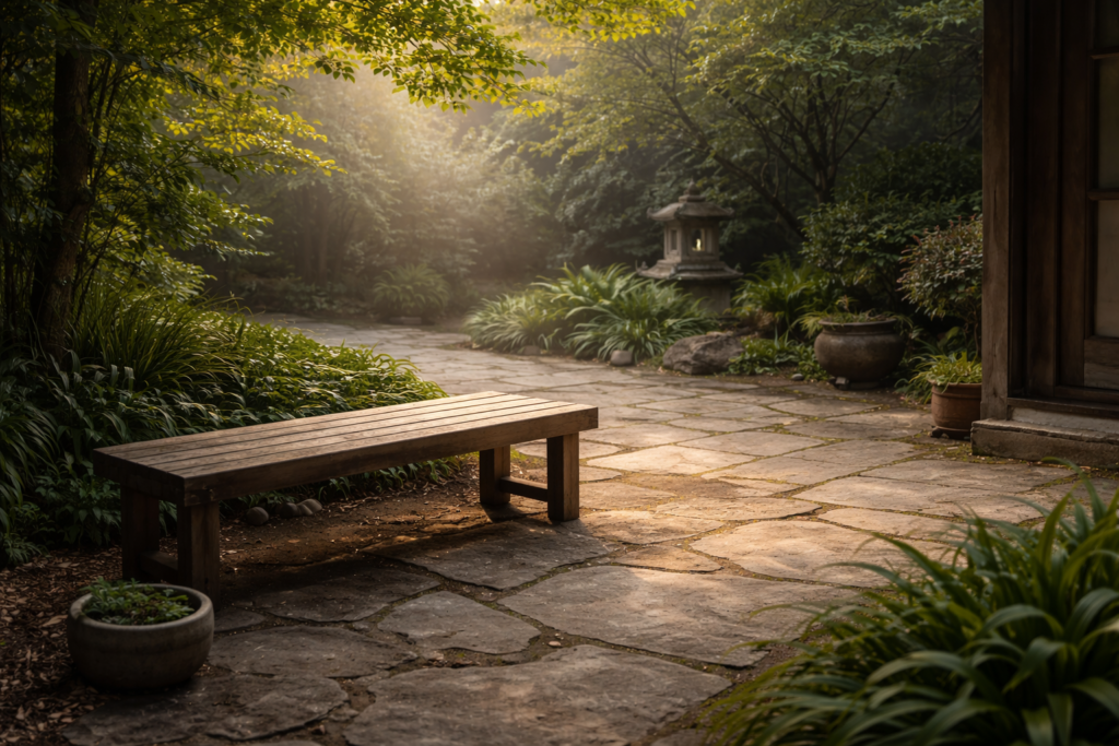 Phật giáo không gắn với tôn giáo: Khung cảnh đời sống giản dị với ánh sáng nhẹ, gợi cảm giác đơn giản và chừng mực.
