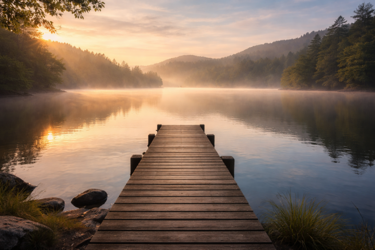 Hồ nước yên tĩnh vào buổi sáng sớm với cầu gỗ, gợi cảm giác tĩnh lặng và giản dị trong đời sống hằng ngày.