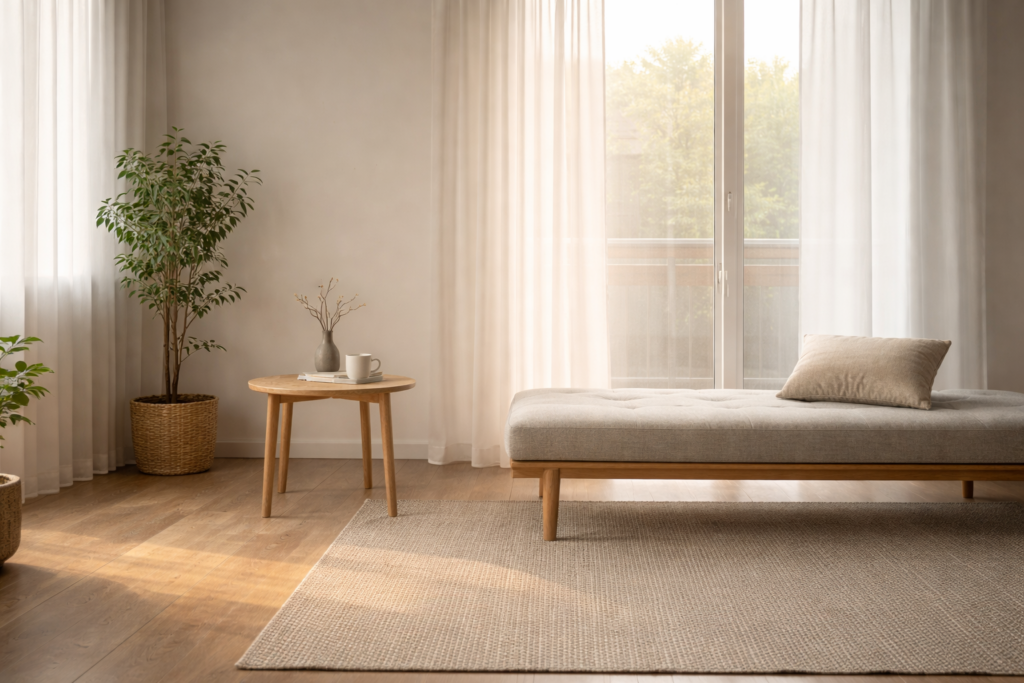 Nicht-Festhalten: Schlichte Alltagsszene mit ruhigem Licht, die Abstand und Einfachheit vermittelt.