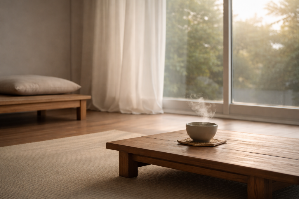 Meditation im Alltag: Schlichte Alltagsszene mit ruhigem Licht, die Sammlung und inneren Abstand vermittelt.