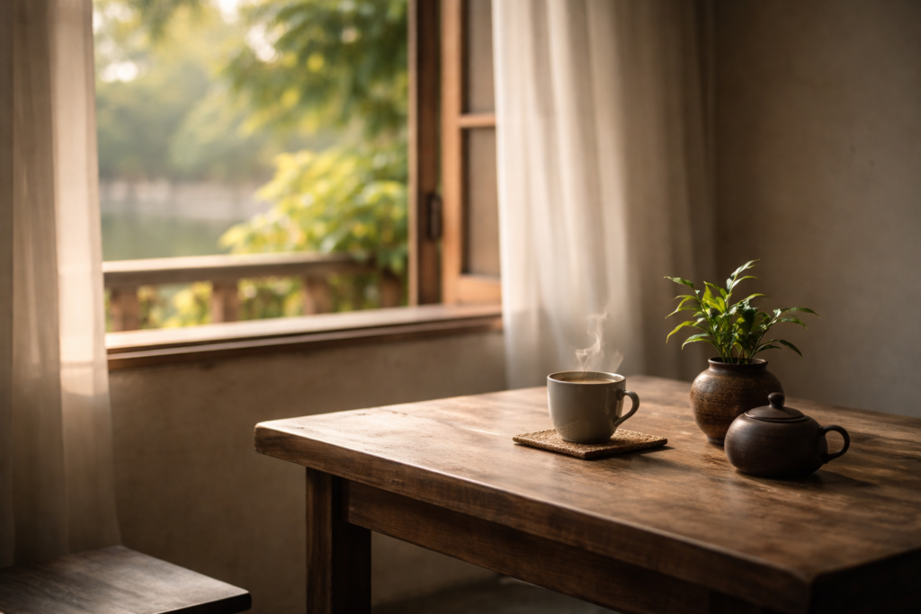 Achtsamkeit - Schlichter Tisch am Fenster mit dampfendem grünem Tee als stiller Alltagspunkt für Achtsamkeit ohne Technik.