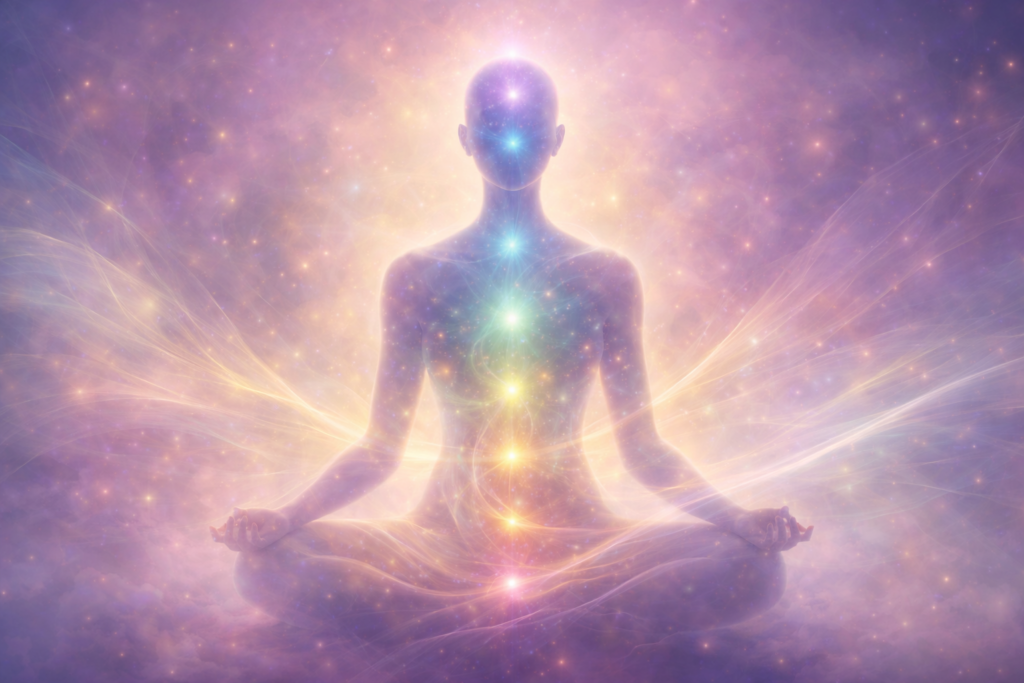 Reiki: Hình ảnh biểu trưng với các điểm sáng và dòng năng lượng chuyển động bên trong một hình người, thể hiện cách nhiều người cảm nhận và diễn giải trải nghiệm nội tâm mang tính tâm linh.