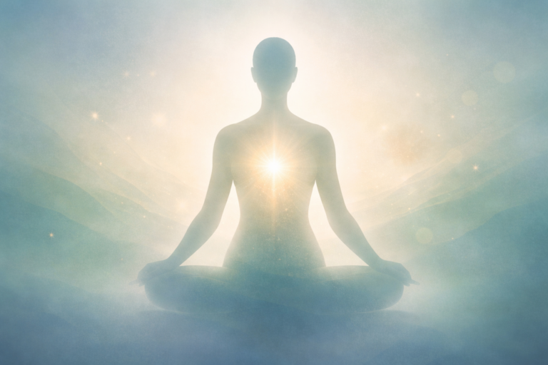 Hình minh họa Reiki với hình người yên tĩnh và ánh sáng đều bên trong cơ thể, biểu trưng cho thư giãn, hệ thần kinh và khả năng tự điều chỉnh.