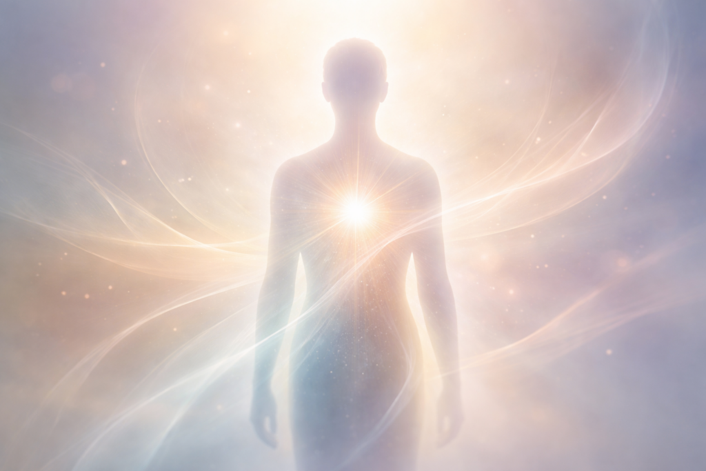 Reiki và Phật giáo: Hình minh họa trừu tượng về hình người với ánh sáng nhẹ nhàng chuyển động, biểu trưng cho trải nghiệm nội tâm và cách diễn giải mang tính tâm linh.