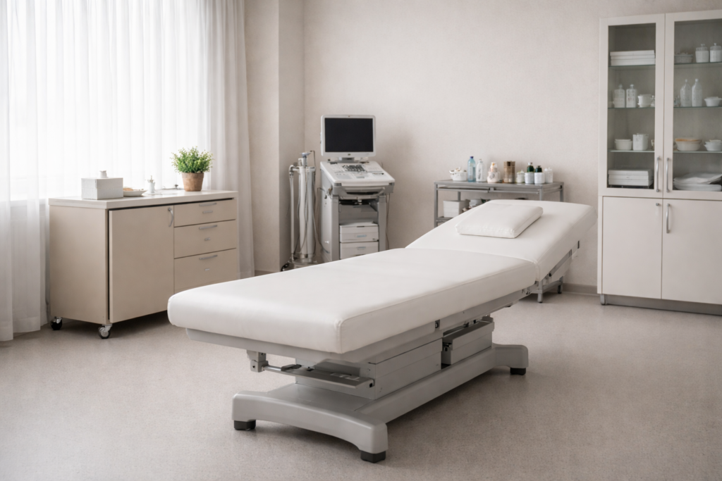 Leerer medizinischer Untersuchungsraum mit Behandlungsliege und dezentem medizinischem Gerät im Hintergrund, ruhige neutrale Farben und sachliche Atmosphäre ohne Personen.