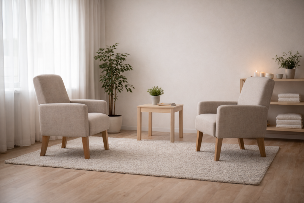 Ruhiger Therapieraum mit zwei einander gegenüberstehenden Sesseln, hellem Tageslicht, neutralen Farben und minimalistischer Einrichtung, der Gespräch, Reflexion und innere Arbeit symbolisiert.