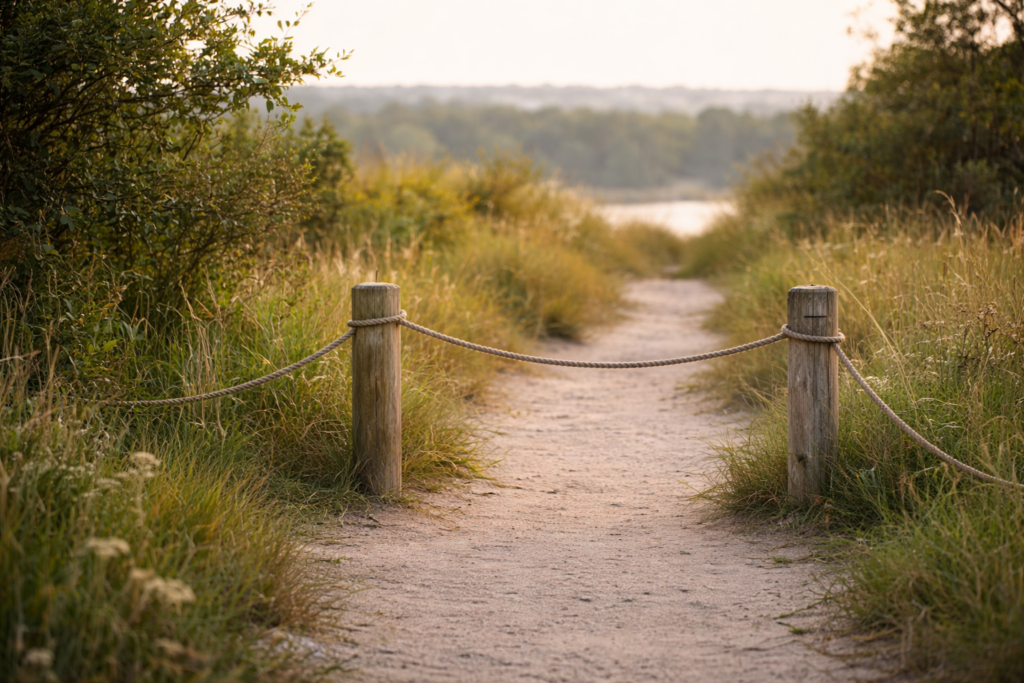 Ruhiger Naturweg, der an einer dezenten Absperrung aus Holzpfosten und Seil endet, umgeben von Gras und weichem Licht, als Symbol für eine klare Grenze ohne Warnung oder Dramatik.