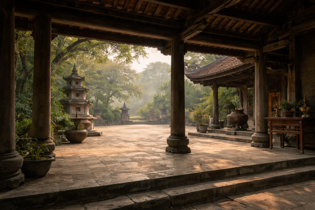 Offener Pagodenhof in Vietnam als stiller Durchgangsraum zwischen Alltag und Ruhe. Symbol für den Buddhismus in Vietnam.