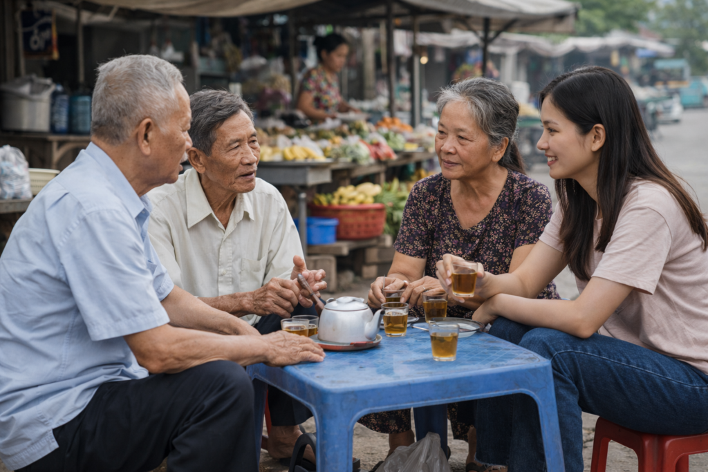 Nein in Vietnam: Vietnamesische Menschen sitzen an einem Straßenstand zusammen, trinken Tee und unterhalten sich ruhig