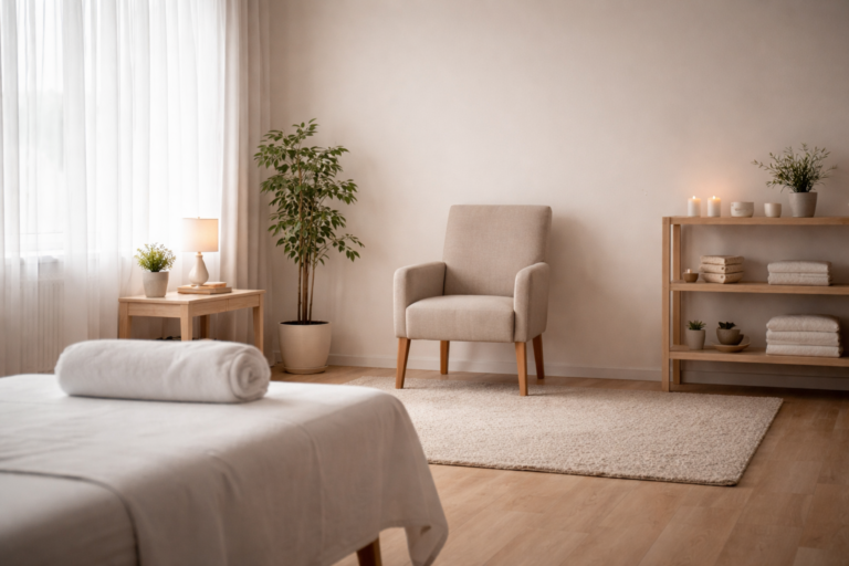 Ruhiger, minimalistischer Raum mit leerem Sessel und Behandlungsliege, weiches Tageslicht, neutrale Farben und aufgeräumte Atmosphäre ohne Personen, die Zurückhaltung und Einordnung symbolisiert.