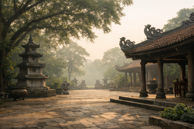 Buddhismus in Vietnam: Atmosphärische Szene einer ruhigen Pagode in Vietnam, eingebettet in den Alltag.