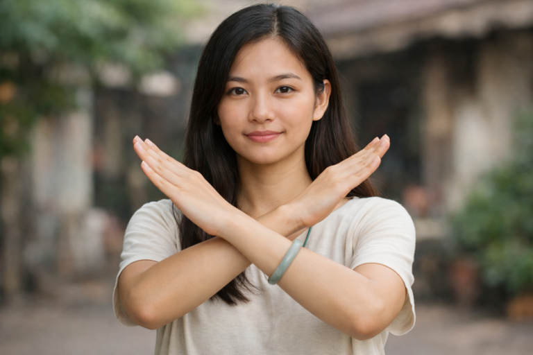 Nein: Junge Vietnamesin zeigt mit gekreuzten Armen eine höfliche Geste des Ablehnens