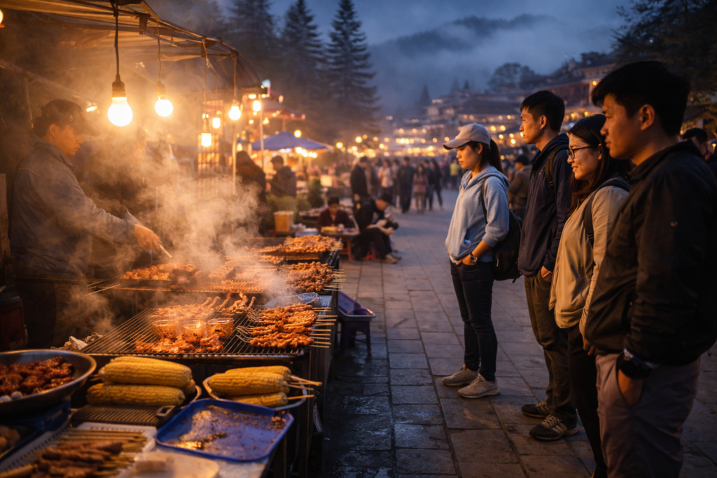 Streetfood-Stand im Zentrum von Sapa am Abend mit warmem Licht und Besuchern