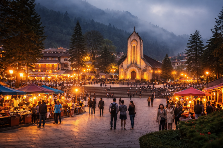 Zentrum von Sapa am Abend mit beleuchtetem Platz und steinerner Kirche im Hintergrund