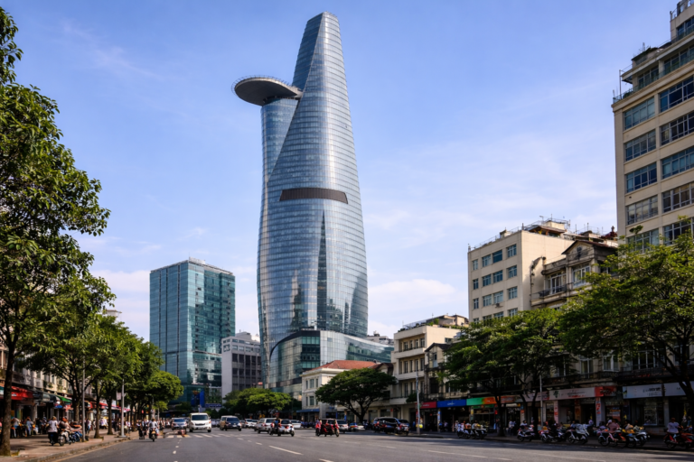 Gesamtansicht des Bitexco Financial Tower im Zentrum von Ho-Chi-Minh-Stadt mit seiner markanten Lotusform.
