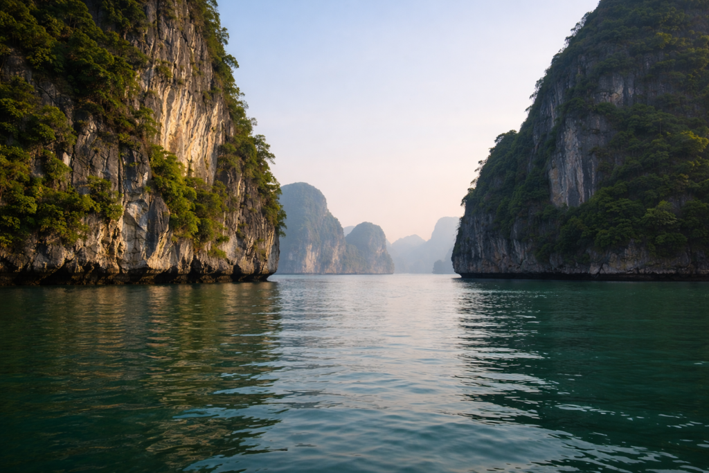 Durchfahrt zwischen Kalksteininseln in der Ha Long Bay aus der Perspektive eines Bootes.