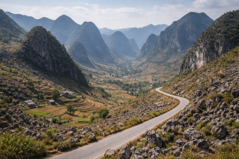 Weite Karsthochfläche im Dong-Van-Karstgeopark mit Straße und Kalksteinformationen