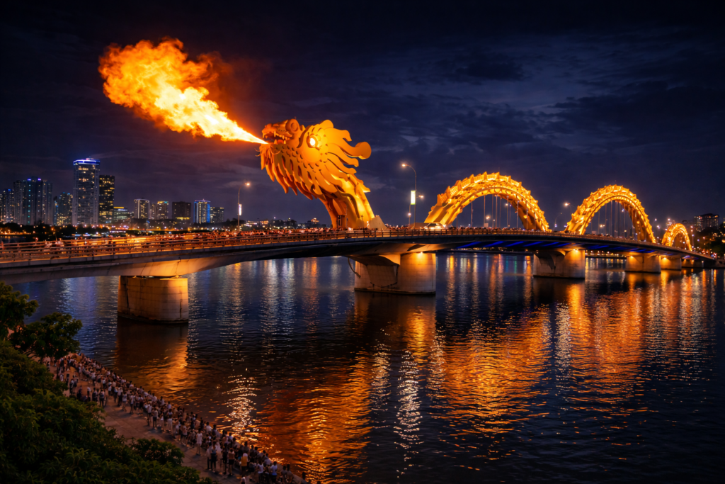 Dragon Bridge in Đà Nẵng bei Nacht mit Feuerstoß aus dem Drachenkopf während der Wochenendshow.