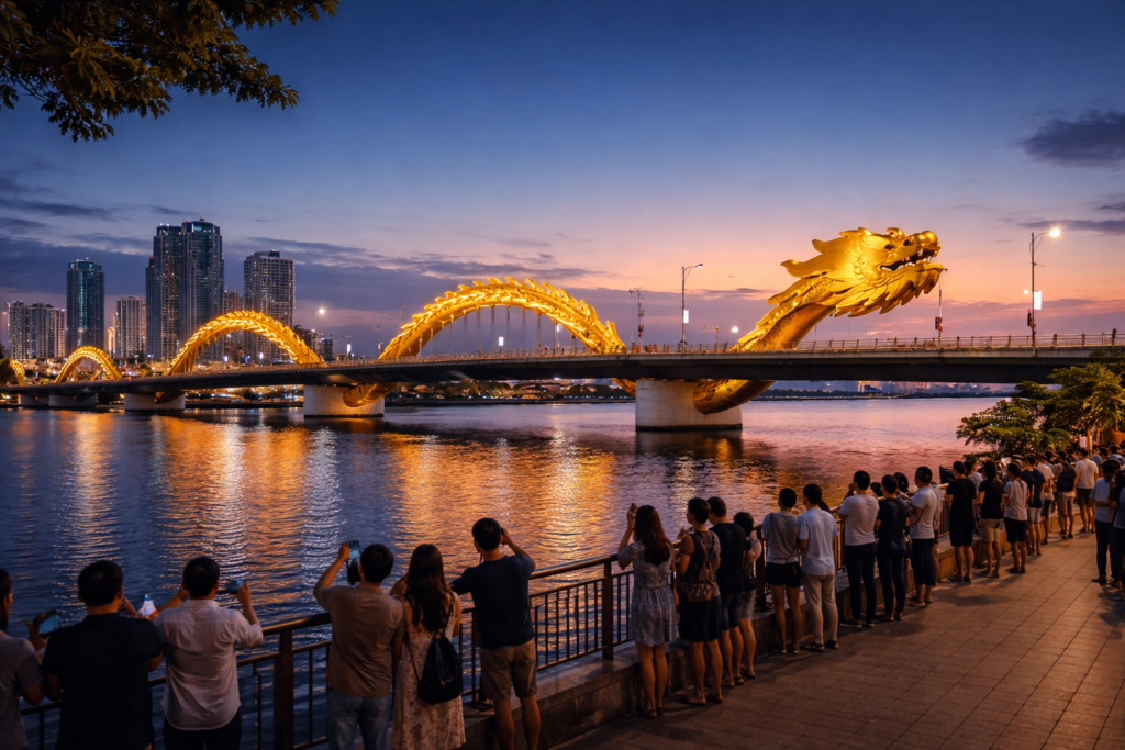 Blick vom östlichen Ufer auf die Dragon Bridge in Đà Nẵng mit Zuschauern entlang der Promenade.