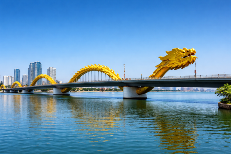 Dragon Bridge in Đà Nẵng bei klarem blauem Himmel mit sichtbarem Drachenkopf über dem Hàn-Fluss.